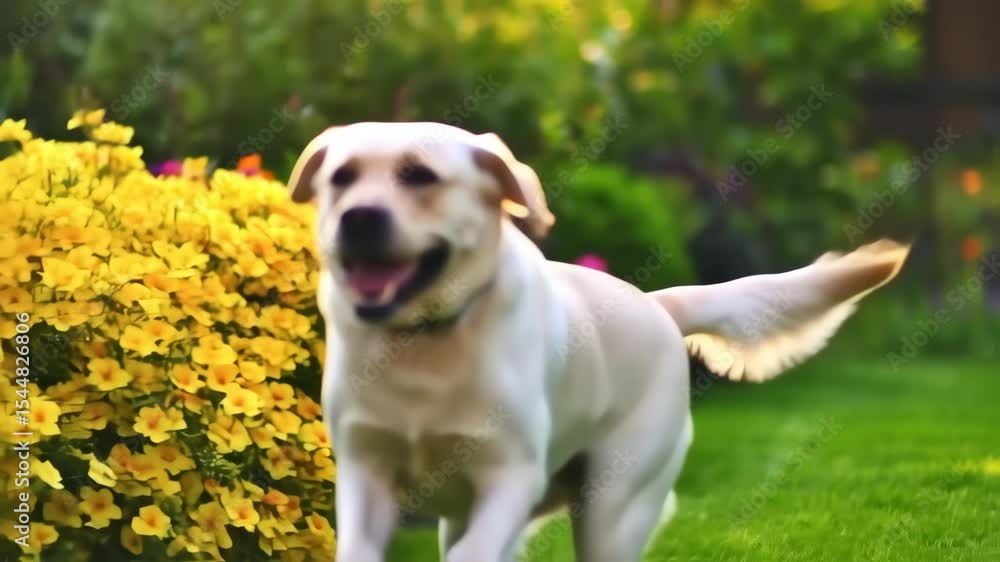Labrador Joyfully Running Through a Vibrant Garden Labrador Joyfully Running Through a Vibrant Garden