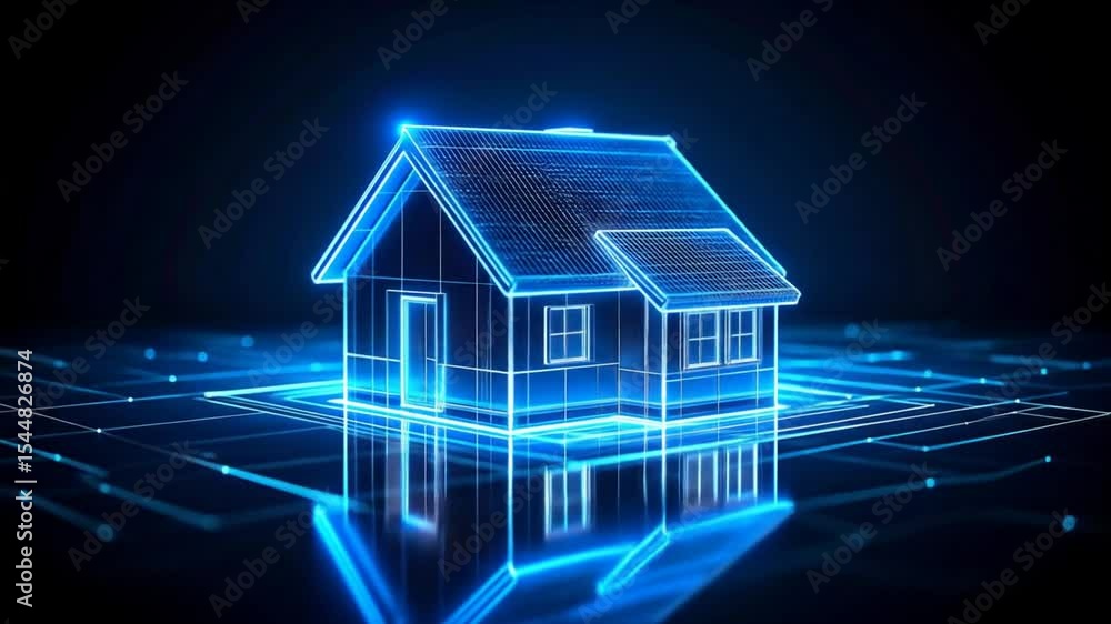 A futuristic, glowing blue house model, outlined against a dark background with a network of lines, creating a digital home concept A futuristic, glowing blue house model, outlined against a dark background with a network of lines, creating a digital home concept