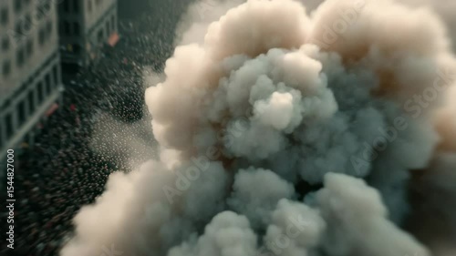 aerial view of city engulfed in smoke with panicked crowds below