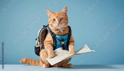 Cat Wearing Backpack Looking at Map Planning Travel