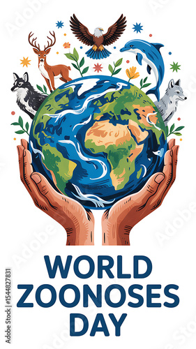 World Zoonoses Day Story with safari animal silhouettes and people highlighting disease awareness