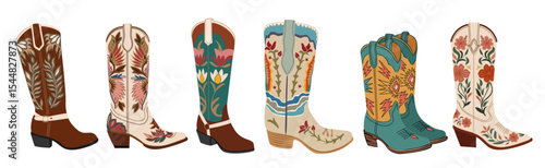 Set of cowgirl boots with traditional Western style and embroidered Wild West ornaments. Fashionable vintage boot collection perfect for country themes. Isolated on transparent background.