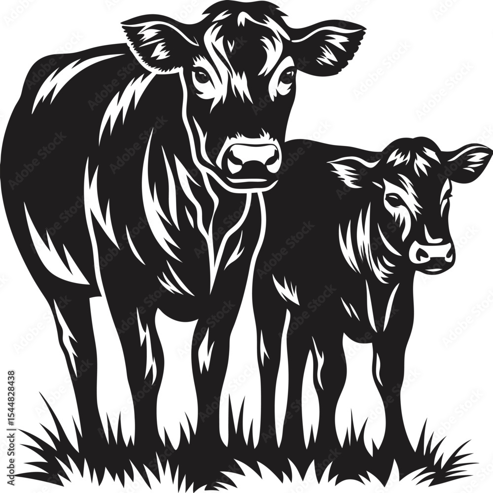 Fototapeta premium Silhouetted Cow and Calf, Farm Scene, Vector Illustration