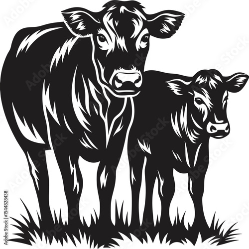 Silhouetted Cow and Calf, Farm Scene, Vector Illustration
