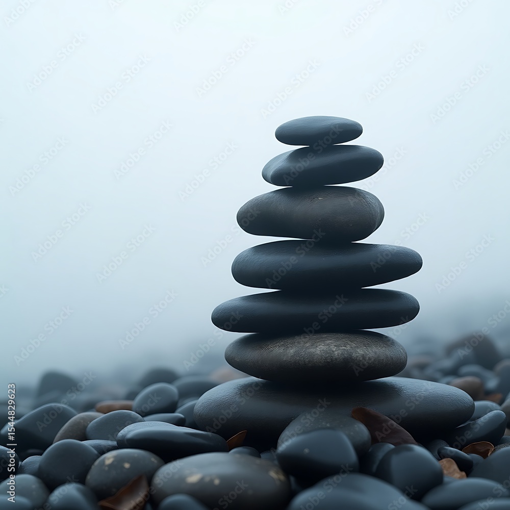 Fototapeta premium Serene Stacked Dark Grey Stones in Soft White Mist – Zen-Inspired Minimalist Balance and Tranquility Concept for Spa, Wellness, and Meditation Themes