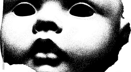 High contrast porcelain doll face fragment in black and white