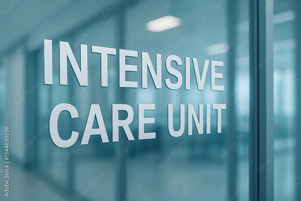 intensive care unit icu sign on glass door in modern hospital, healthcare and emergency care facility intensive care unit icu sign on glass door in modern hospital, healthcare and emergency care facility