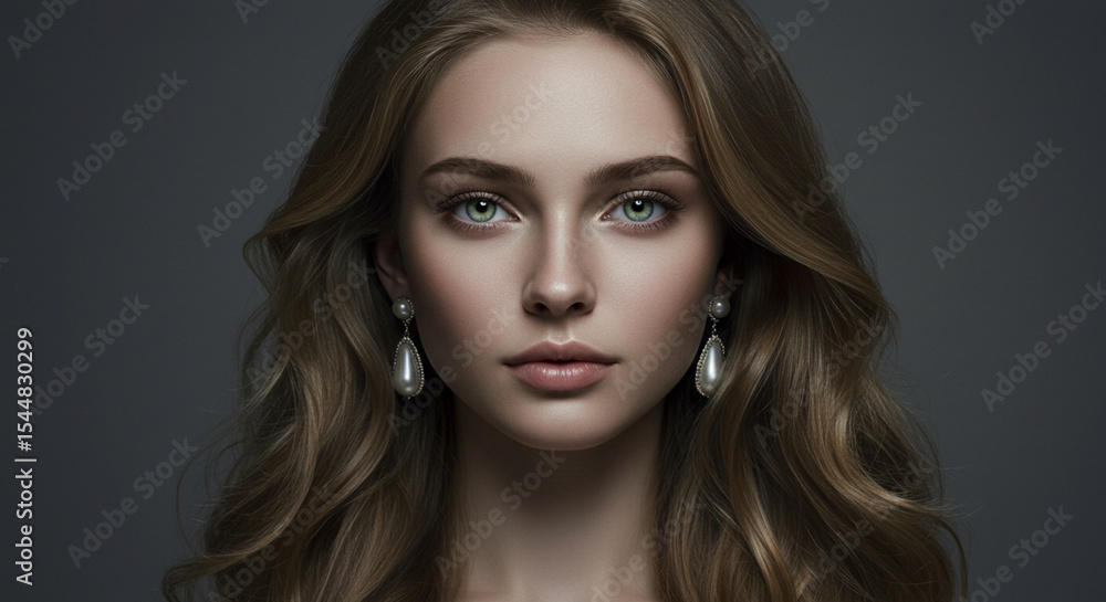 Fototapeta premium Elegant Woman Portrait Beauty, Grace, and Pearl Earrings