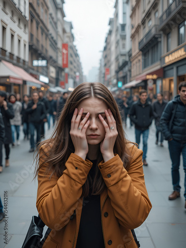 Panic attack in public place. Woman having panic disorder in city. Psychology, solitude, fear or mental health problems concept. Depressed sad person surrounded by people walking in busy street.
