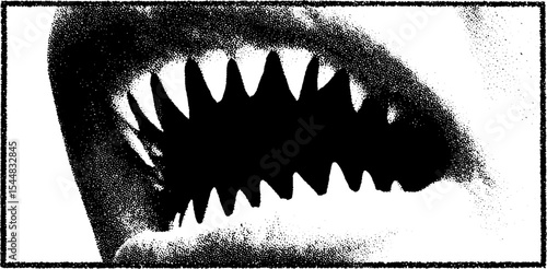 High contrast black and white illustration of shark jaws for abstract design