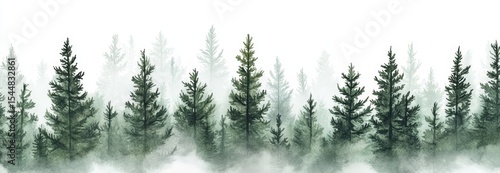 A seamless watercolor pattern of a mountain landscape is depicted in a travel illustration that features Scandinavian nature, including green mountains and a forest
