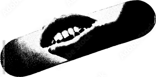 High contrast graffiti art on skateboard deck featuring bold lip design