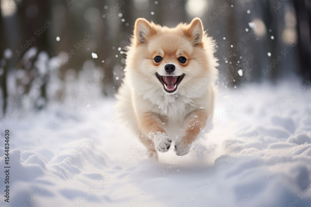 A small fluffy dog runs through the snow. A small fluffy dog runs through the snow.