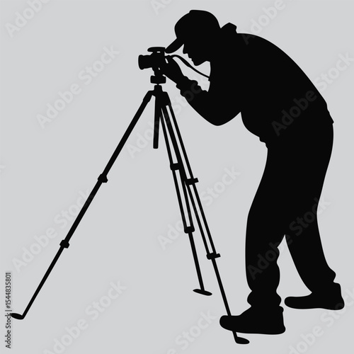 Photographer adjusting a tripod silhouette vector design art and illustration