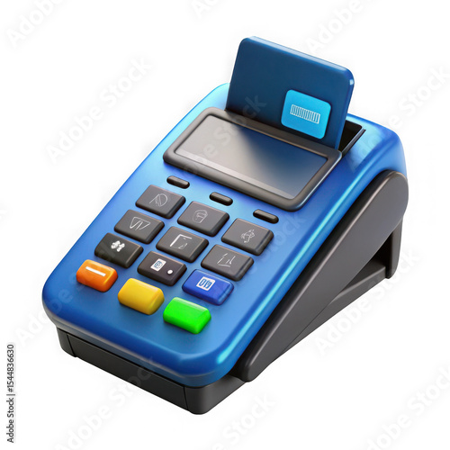 Blue payment terminal with card reader isolated on transparent background