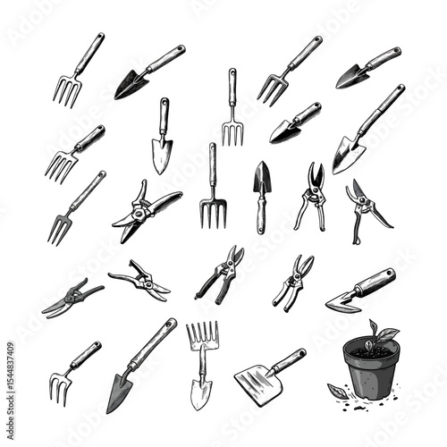 Gardening Hand Tools and Potted Seedling Sketch Illustration Set