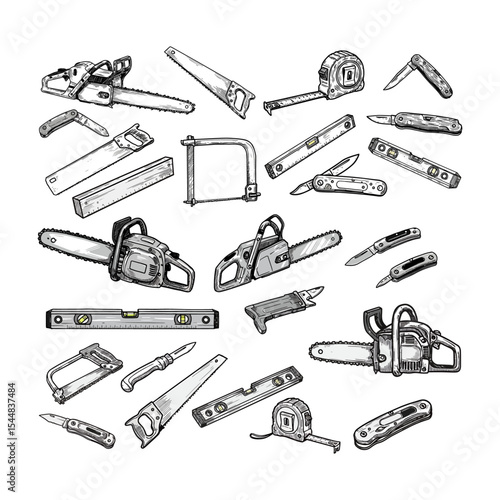 Construction and Carpentry Tools - Chainsaw and Saw Sketch Set