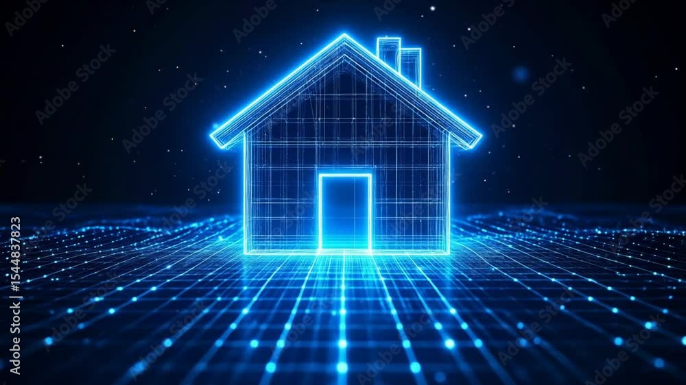 A glowing blue digital house outline on a dark background with a network grid A glowing blue digital house outline on a dark background with a network grid