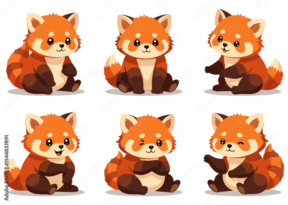 Cute Red Panda Cartoon Characters in Various Poses Cute Red Panda Cartoon Characters in Various Poses