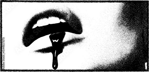 Dramatic vampire bite with blood drip in high-contrast black and white art