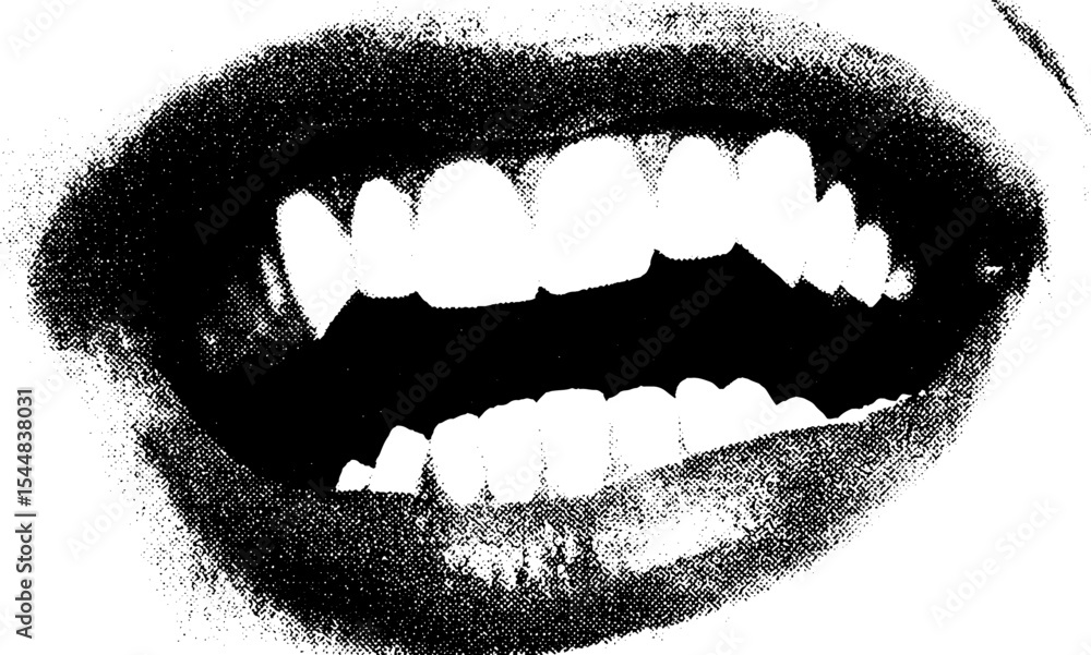 Fototapeta premium Halloween vampire mouth showing stained teeth in high contrast design for posters and prints