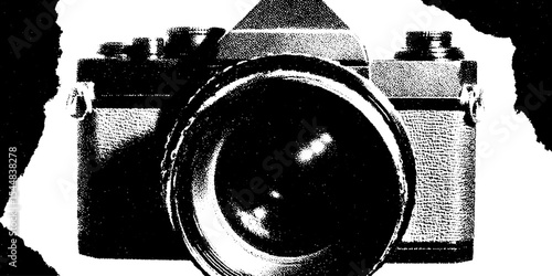 Vintage camera lens in high contrast black and white for retro photography themes