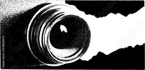 Stylized vintage camera lens in high contrast black and white design for retro decor