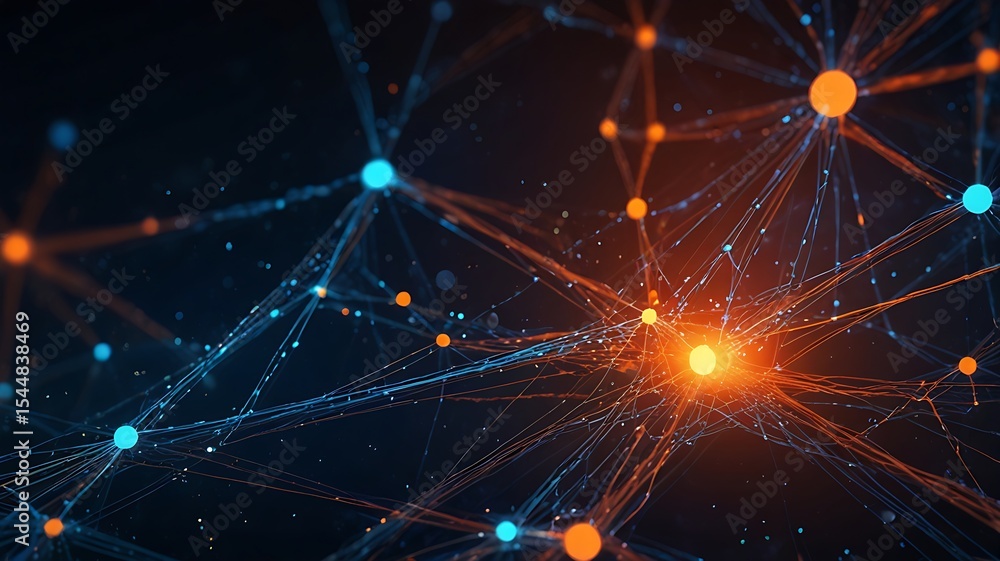 Fototapeta premium Abstract network connecting orange and blue nodes with glowing lines on dark background