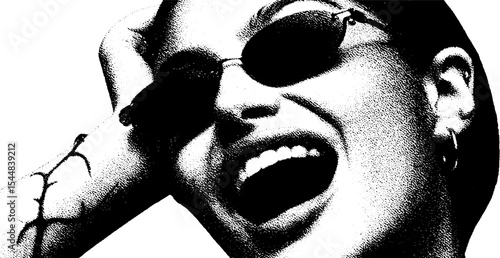 Playful expression of woman with nostril rings and sunglasses in high contrast art