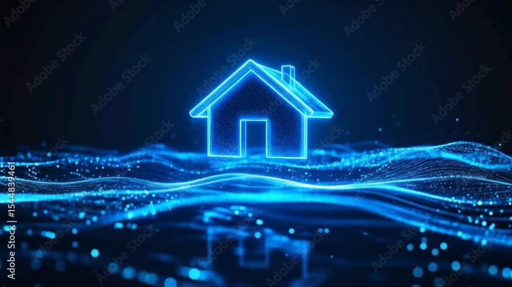 A glowing blue house icon, abstract digital particles, dark background A glowing blue house icon, abstract digital particles, dark background