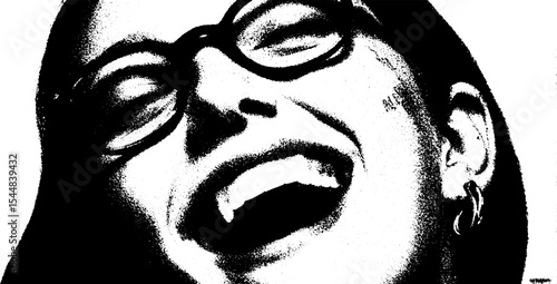 Joyful expression of a young woman with glasses and unique body art