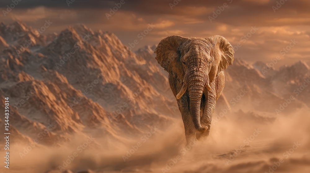 Fototapeta premium A majestic elephant strides away, surrounded by a dry and dusty landscape. The rugged mountains glisten under the warm light of sunset, creating a breathtaking view of nature's beauty