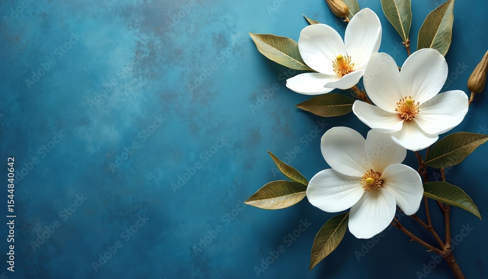 Elegant white magnolia blossoms with golden accents on blue background. Perfect for spring floral nature themes, wallpaper design, greeting cards. Beauty fresh natural, romantic, soft, pastel mood. Elegant white magnolia blossoms with golden accents on blue background. Perfect for spring floral nature themes, wallpaper design, greeting cards. Beauty fresh natural, romantic, soft, pastel mood.