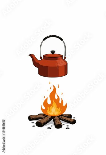  Vibrant illustration of a red camping kettle suspended above a glowing campfire with orange flames and logs perfect for outdoor cooking and wilderness expeditions