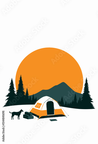  White and orange camping tent with a loyal dog companion set against a dramatic orange sunset and silhouetted pine trees
