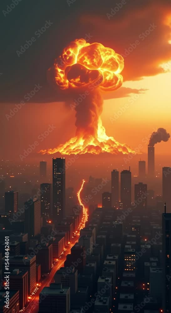 cityscape large mushroom cloud sky illuminated lights buildings smoke billowing mushr cityscape large mushroom cloud sky illuminated lights buildings smoke billowing mushr