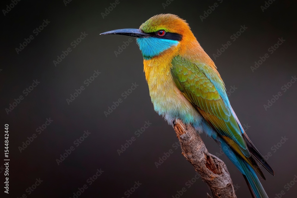 Obraz premium Beeeater on a branch colorful feathers black beak red eye gray background