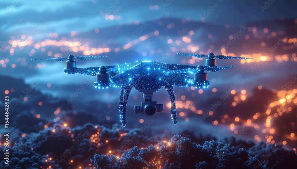 Naklejka premium a drone that is tracking the area, thousands of glowing fireflies are sticking to the surface of the drone.