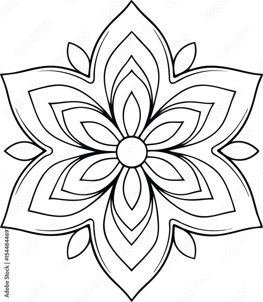 Obraz premium symmetric floral mandala ornament, black outline geometric flower vector