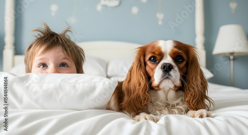 Young kid peeking over a pillow next to a cavalier king charles spaniel dog on the bed. Childhood and pet companionship concept.