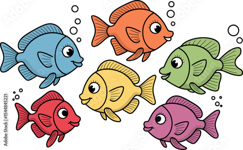 Colorful Cartoon Fish Collection with Smiling Faces Swimming Happily With Bubbles All Around Them Together in Harmony