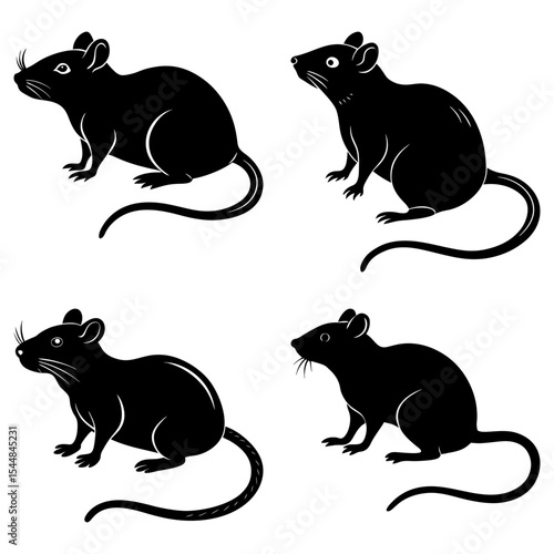 Four black silhouette rodents with long tails facing different directions on a white background