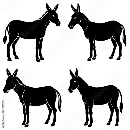 Four black silhouette illustrations of donkeys in various poses on a white background image design art