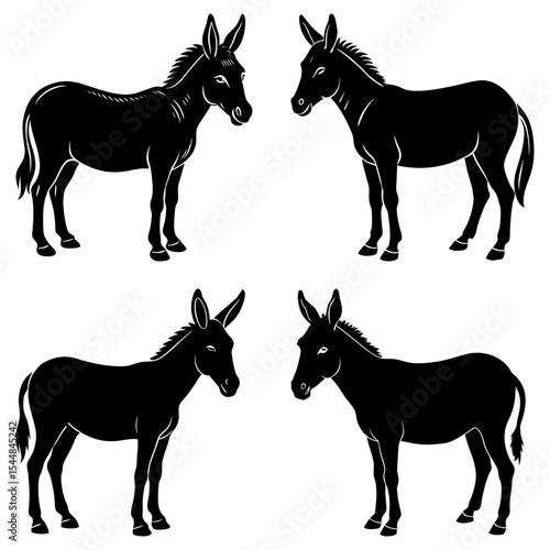 Four black silhouette donkeys standing facing each other on a white background in a symmetrical arrangement
