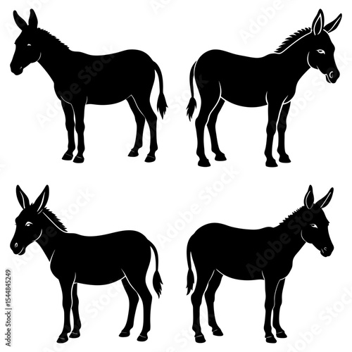Four black silhouette illustrations of donkeys in various poses standing on a white background image art