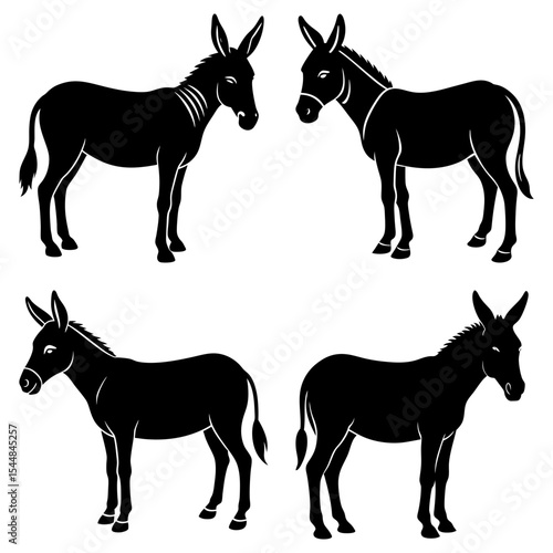 Four black donkey silhouettes in various poses against a white background in a vector illustration