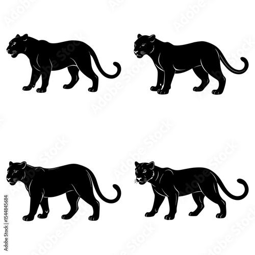 Four black panther silhouettes in various poses against a white background in a square arrangement