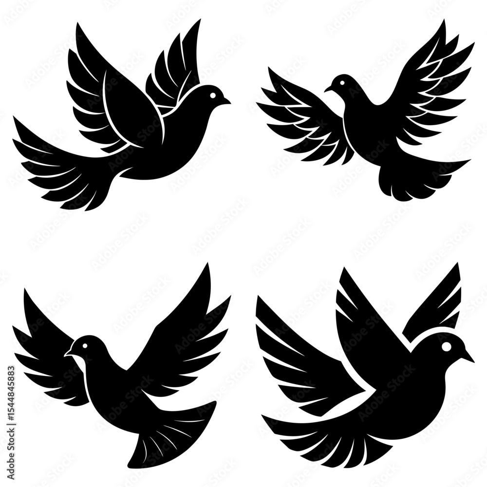 Obraz premium Four stylized black doves in flight with outstretched wings against a white background illustration