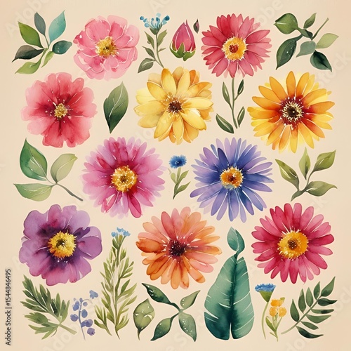 Wallpaper Mural Beautiful bouquet of pink, purple and yellow flowers including daisies, chrysanthemums and asters in full bloom | Illustration Torontodigital.ca