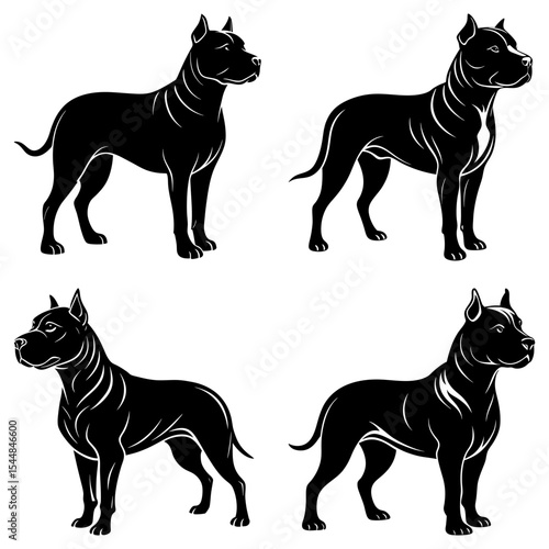 Four black silhouettes of pitbull dogs in various standing poses against a white background image art